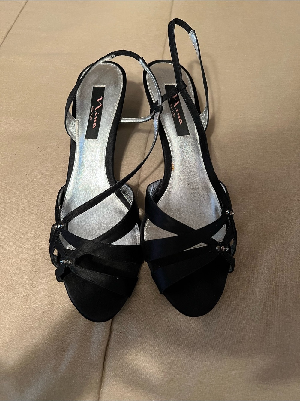 Nina Calise Black Satin Strappy Slingback Heels